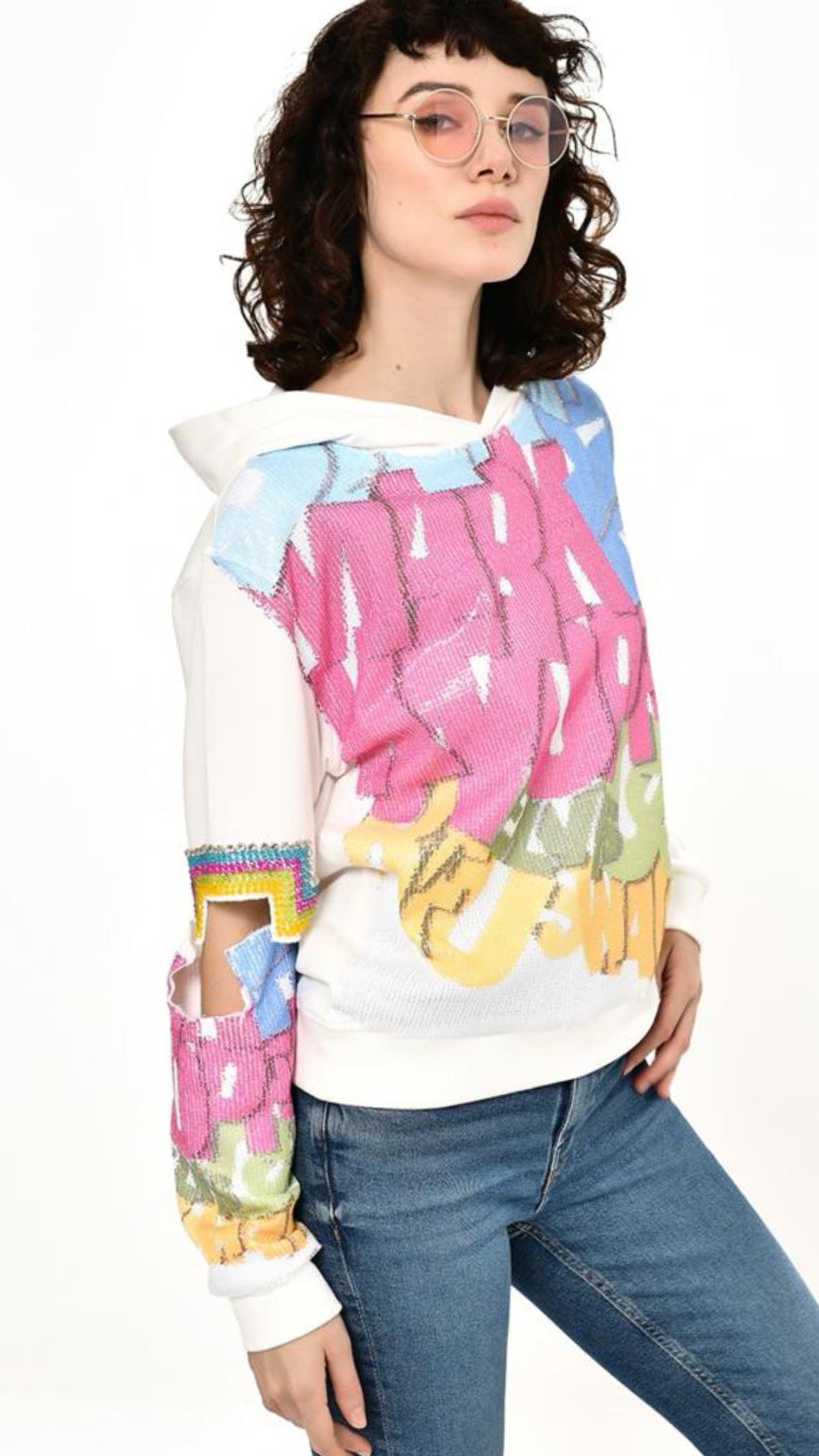 Tasarım Kol Detay Desenli Sweatshirt