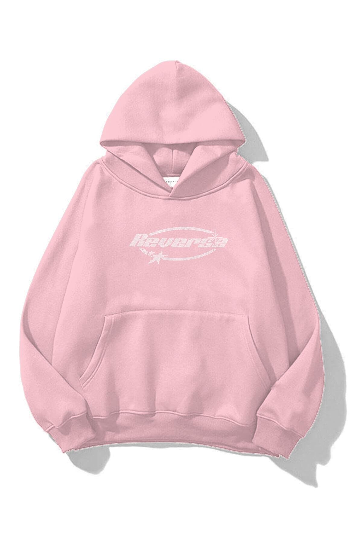 Unisex Reverse Taş Baskılı Sweatshirt Pembe