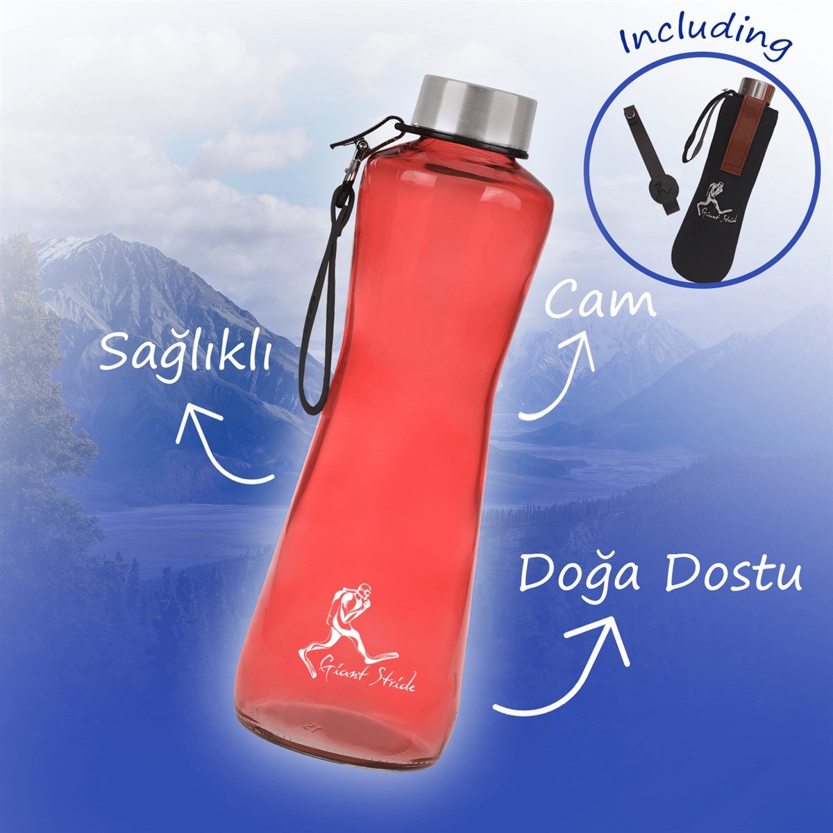 Cam Matara Şeffaf Kırmızı (Neopren Kılıf ve El Askısı Hediyeli)