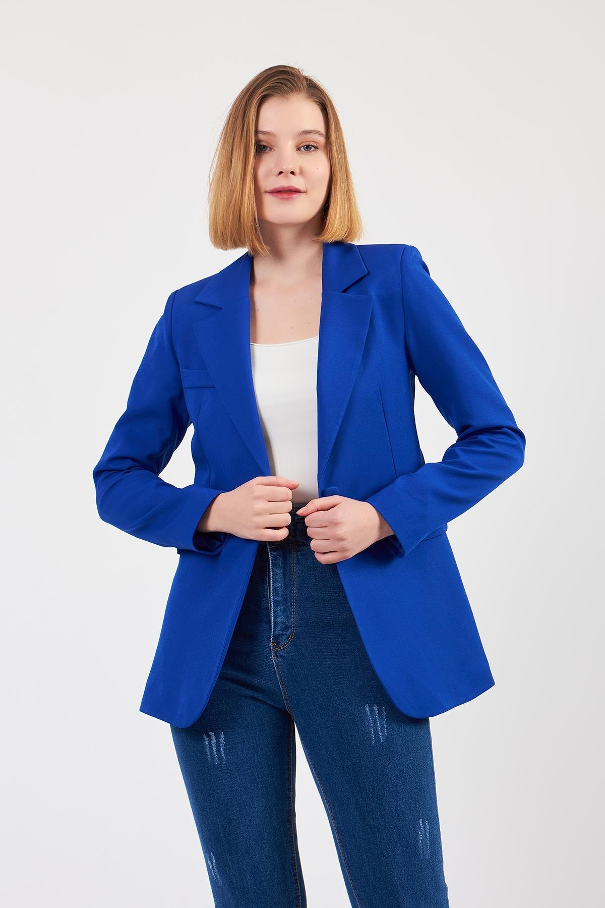  Saks Mavi Tek Düğme Ceket