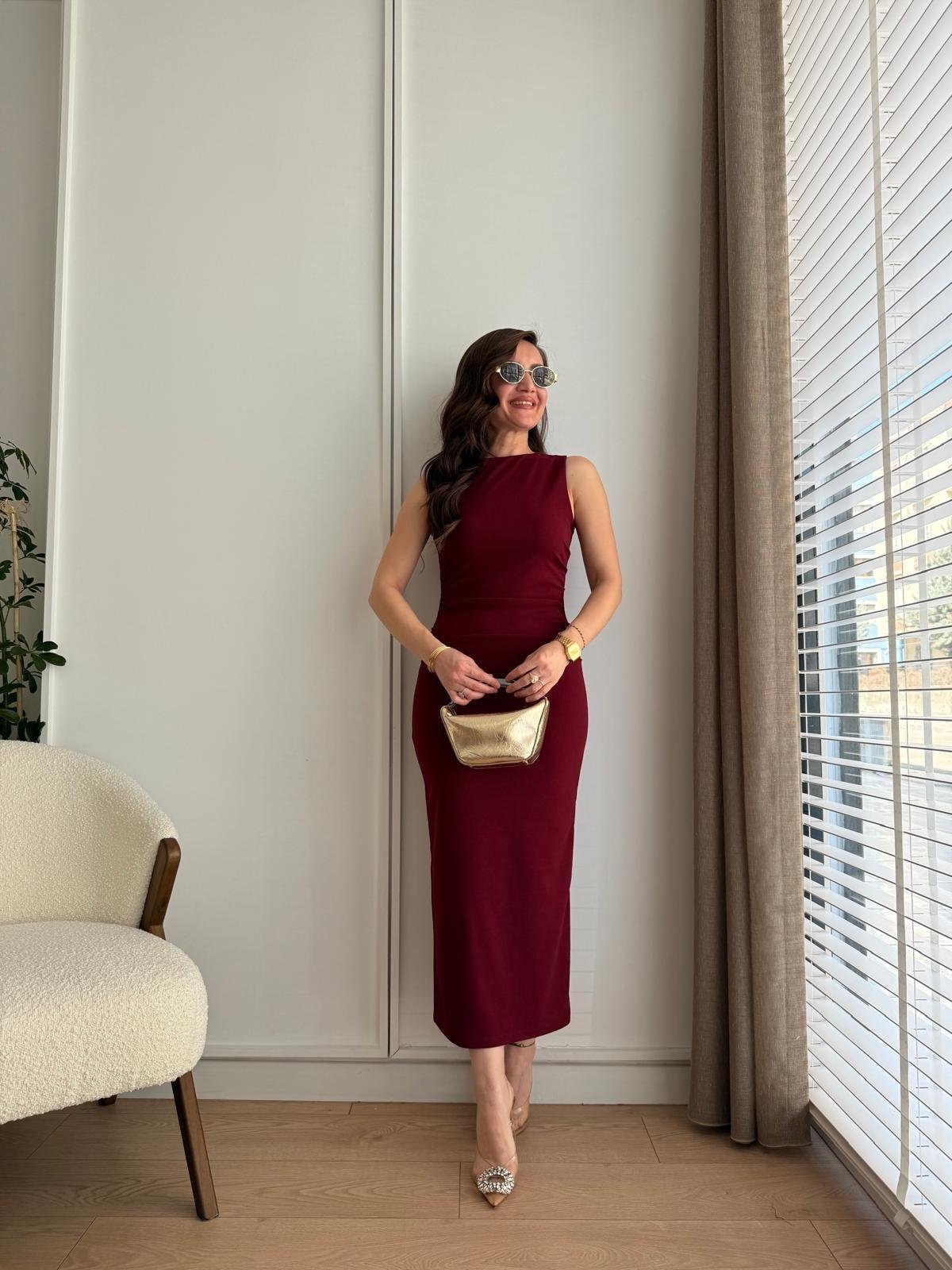 Bordo Bel Drape Detaylı Yırtmaçlı Elbise 1216