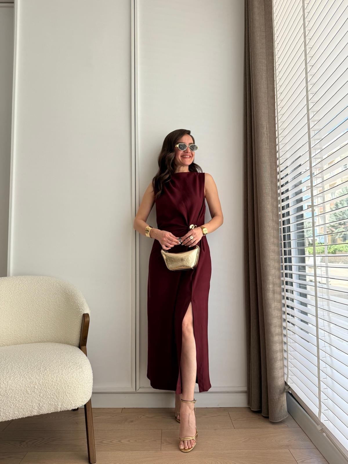 Bordo Bel Toka Detaylı Yırtmaçlı Elbise 2264