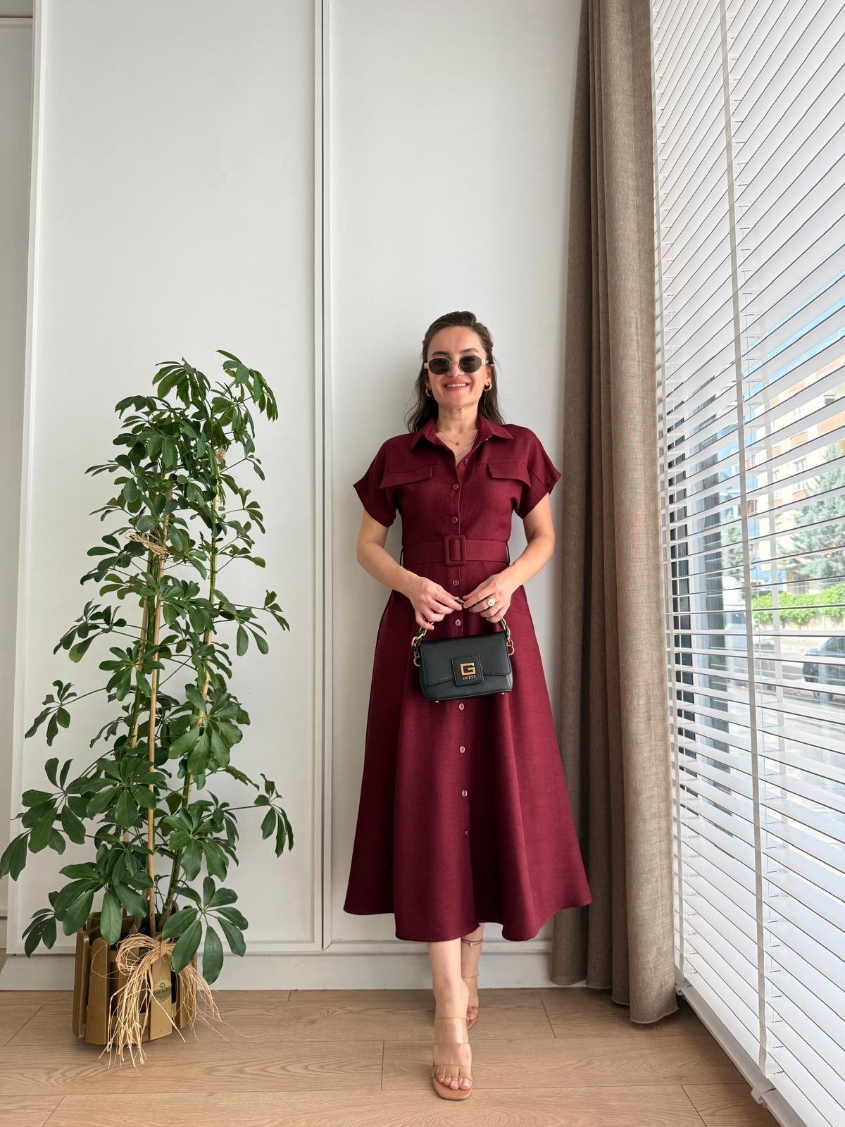 Bordo Cepli Kemerli Midi boy Gömlek Elbise 5153