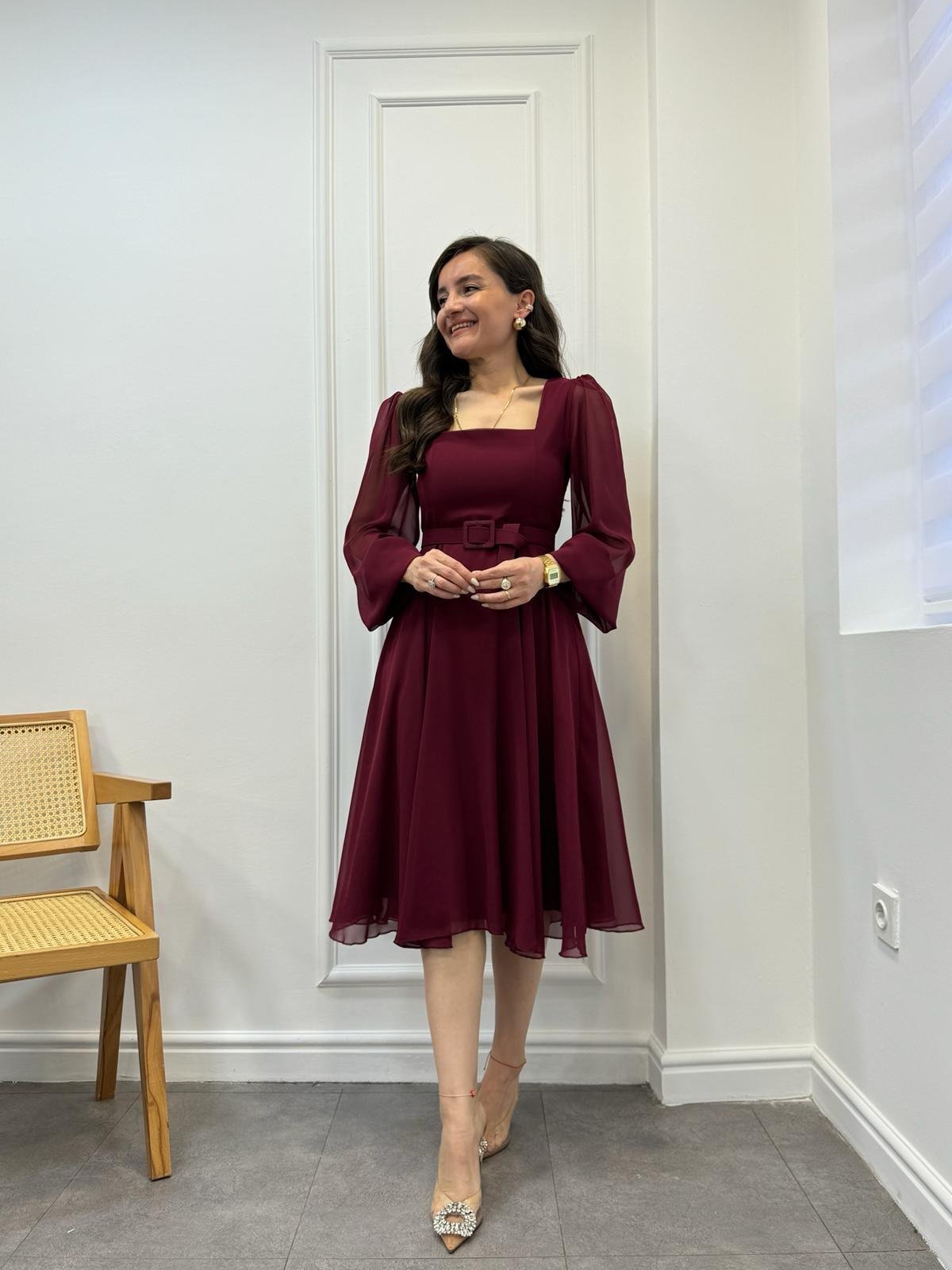 Bordo Kare Yaka Kolları Tül Kemerli Elbise 3082