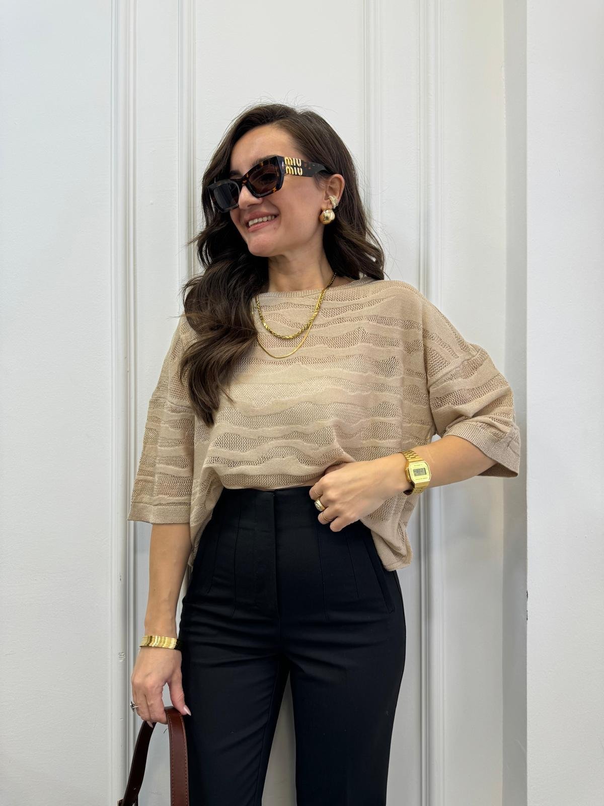 Camel Ajurlu Dalga Desenli Triko Bluz 241055