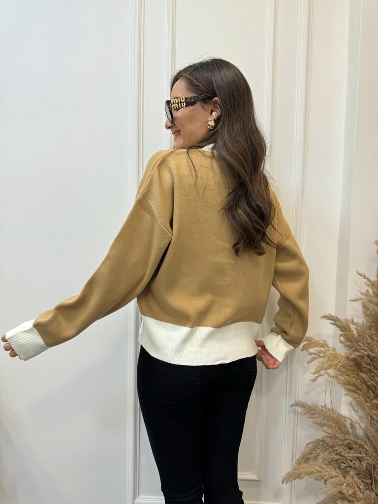 Camel Şeritli Düğmeli Hırka 4028