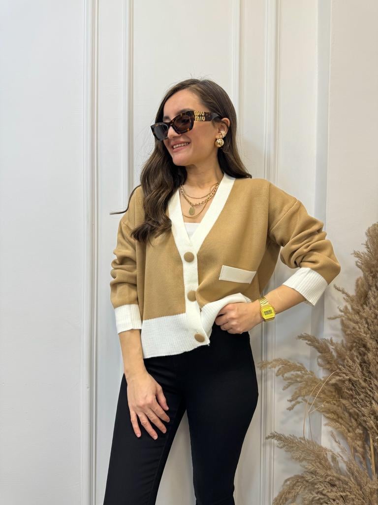Camel Şeritli Düğmeli Hırka 4028