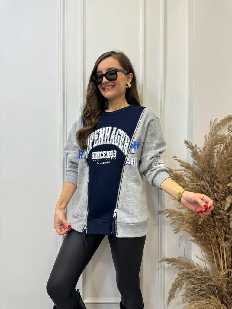 Gri Lacivert Çift Fermuar Detaylı Sweatshirt 5071