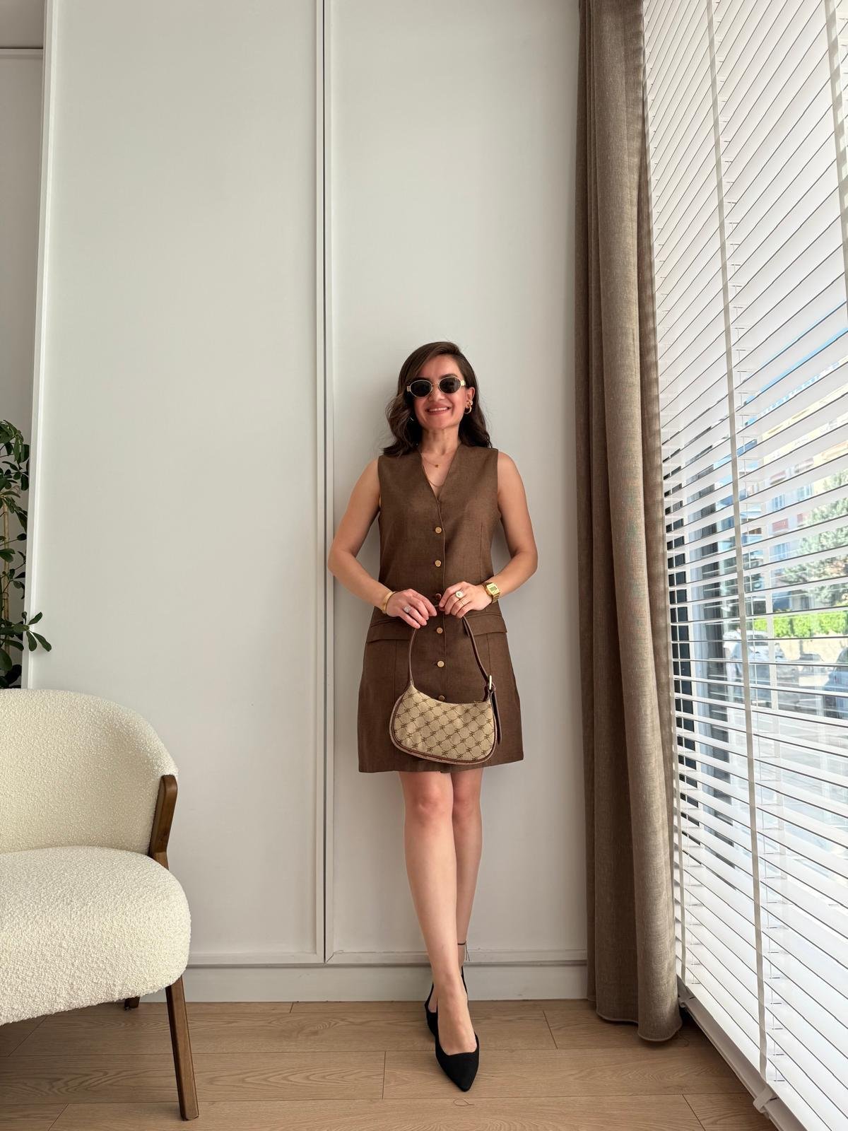 Kahve rengi Cepli Gold Düğmeli Mini Boy Elbise 0408