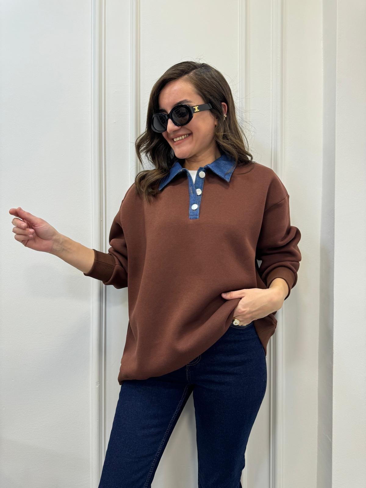 Kahve rengi Kot Yaka Detaylı Sweatshırt 110032