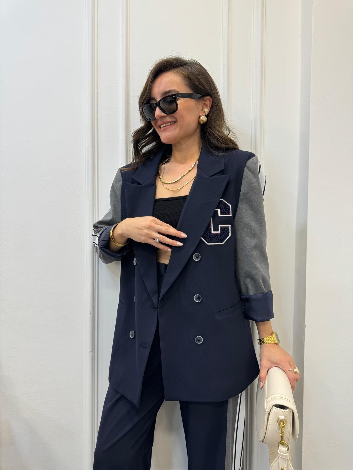 Lacivert Kol Detaylı Tasarım Blazer Ceket 0041