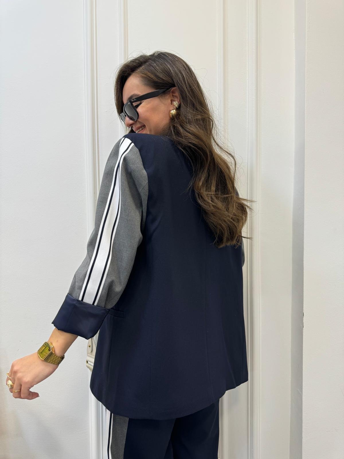 Lacivert Kol Detaylı Tasarım Blazer Ceket 0041