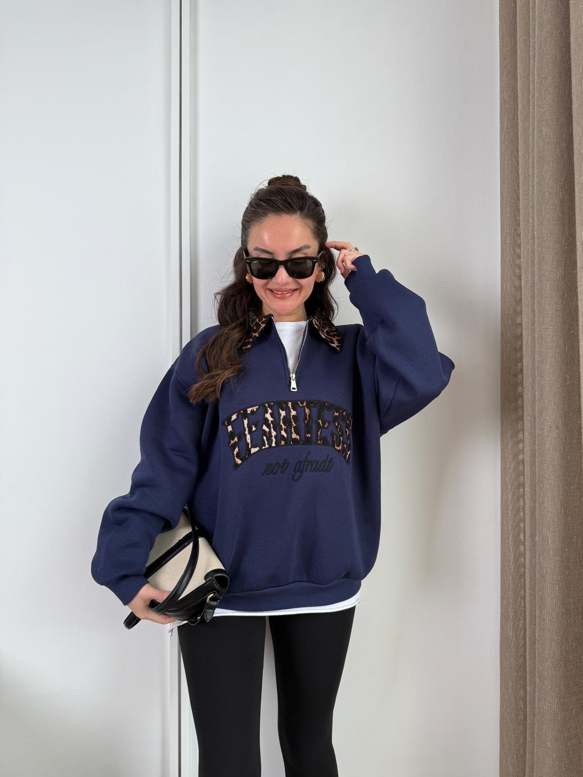 Lacivert Üç İplik Leopar Desen Polo Yaka Sweatshirt 066