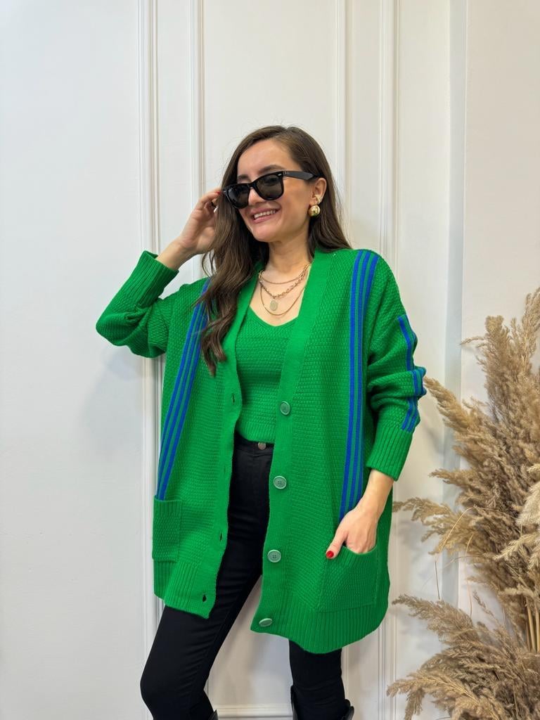 Yeşil Çizgili Crop Hırka Takım 0023