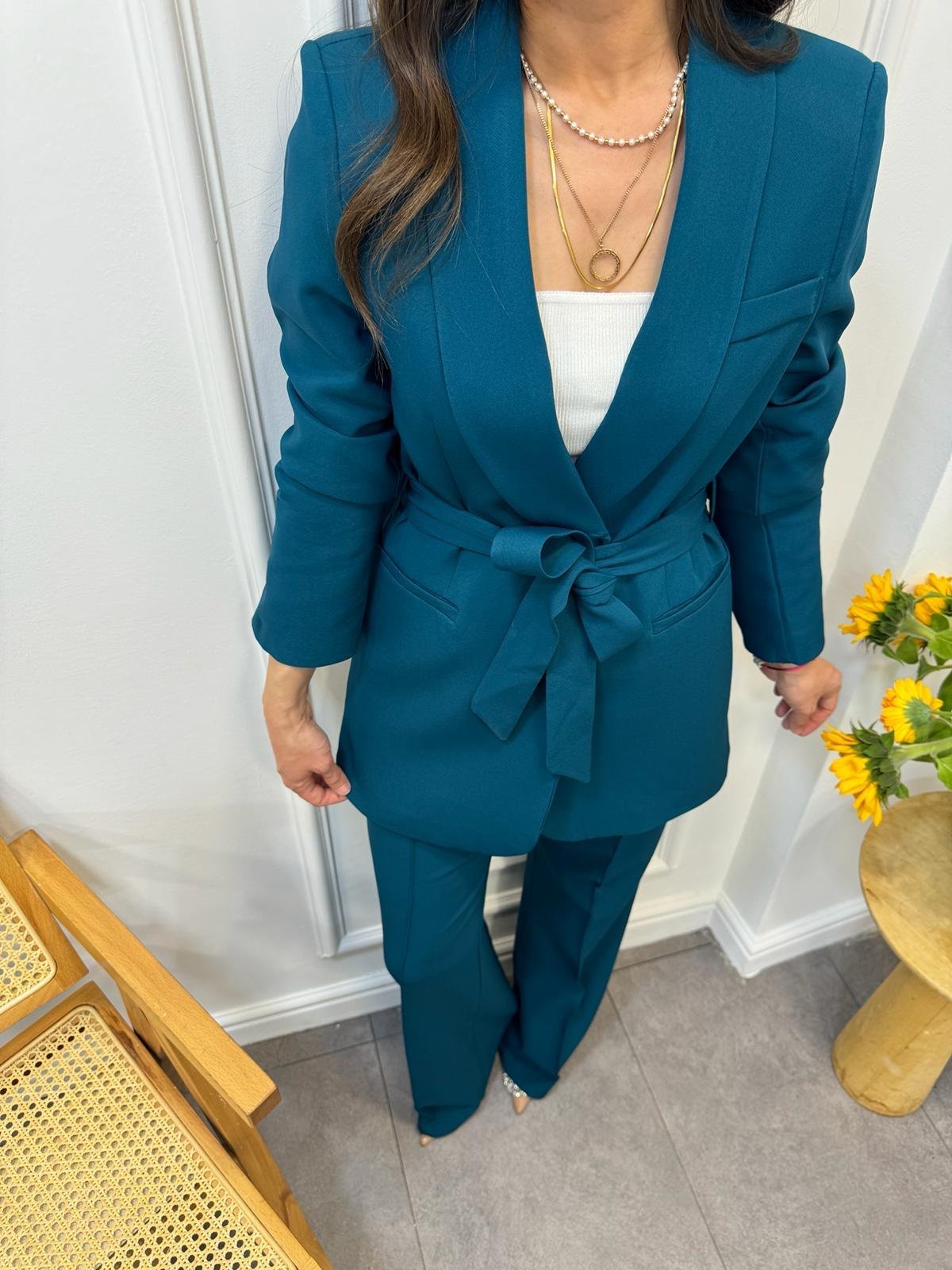 Zümrütyeşili Kuşaklı Blazer Pantolon Takım 3058