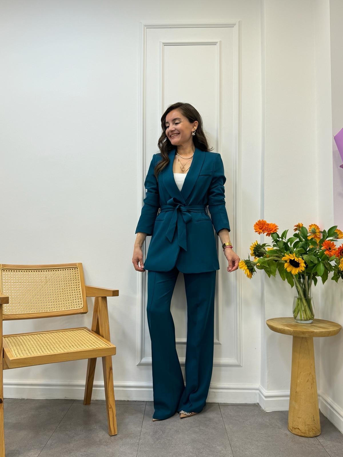 Zümrütyeşili Kuşaklı Blazer Pantolon Takım 3058