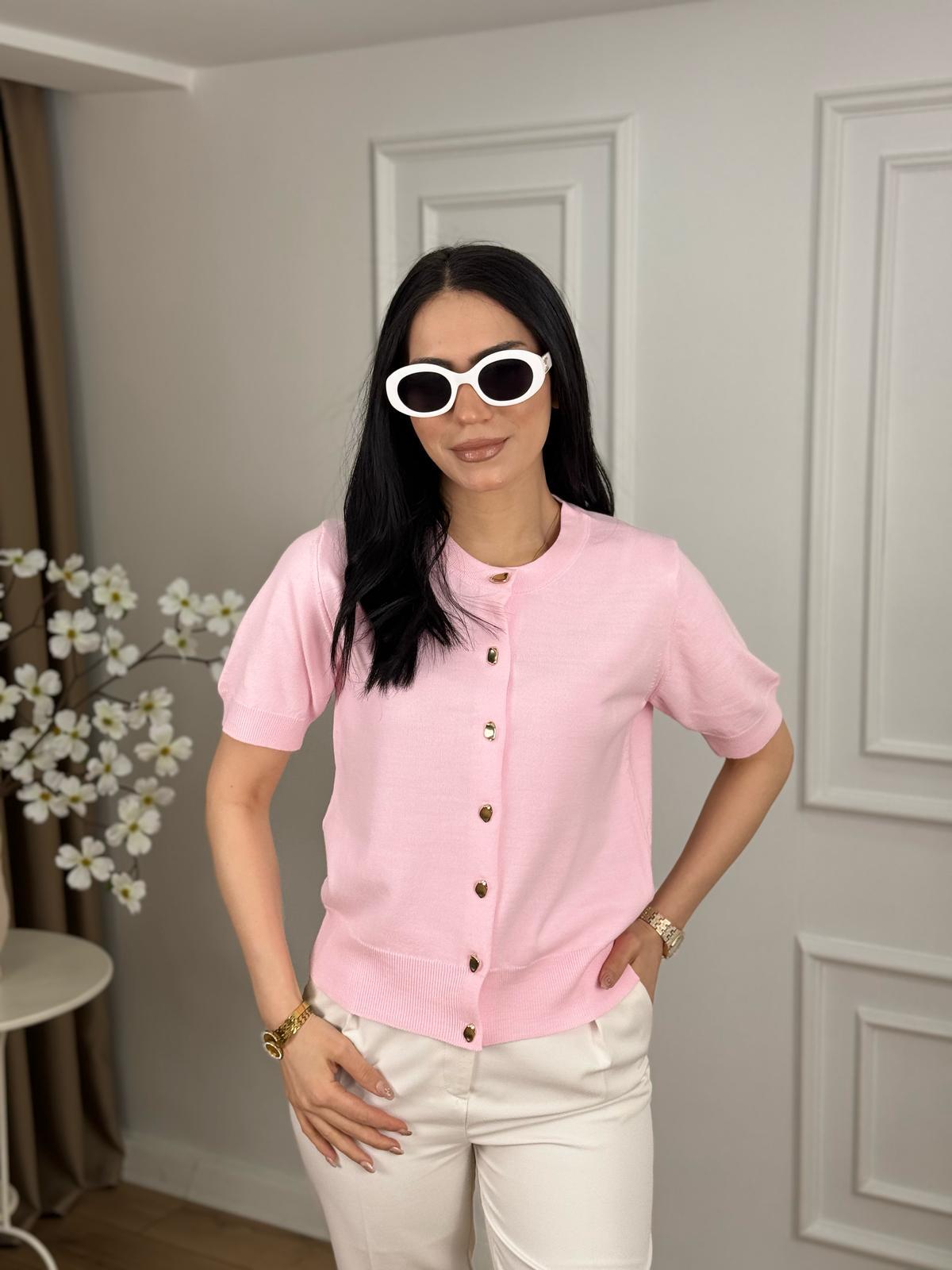 Pembe Bisiklet Yaka Gold Düğmeli Kısa Kol Triko Hırka 25412