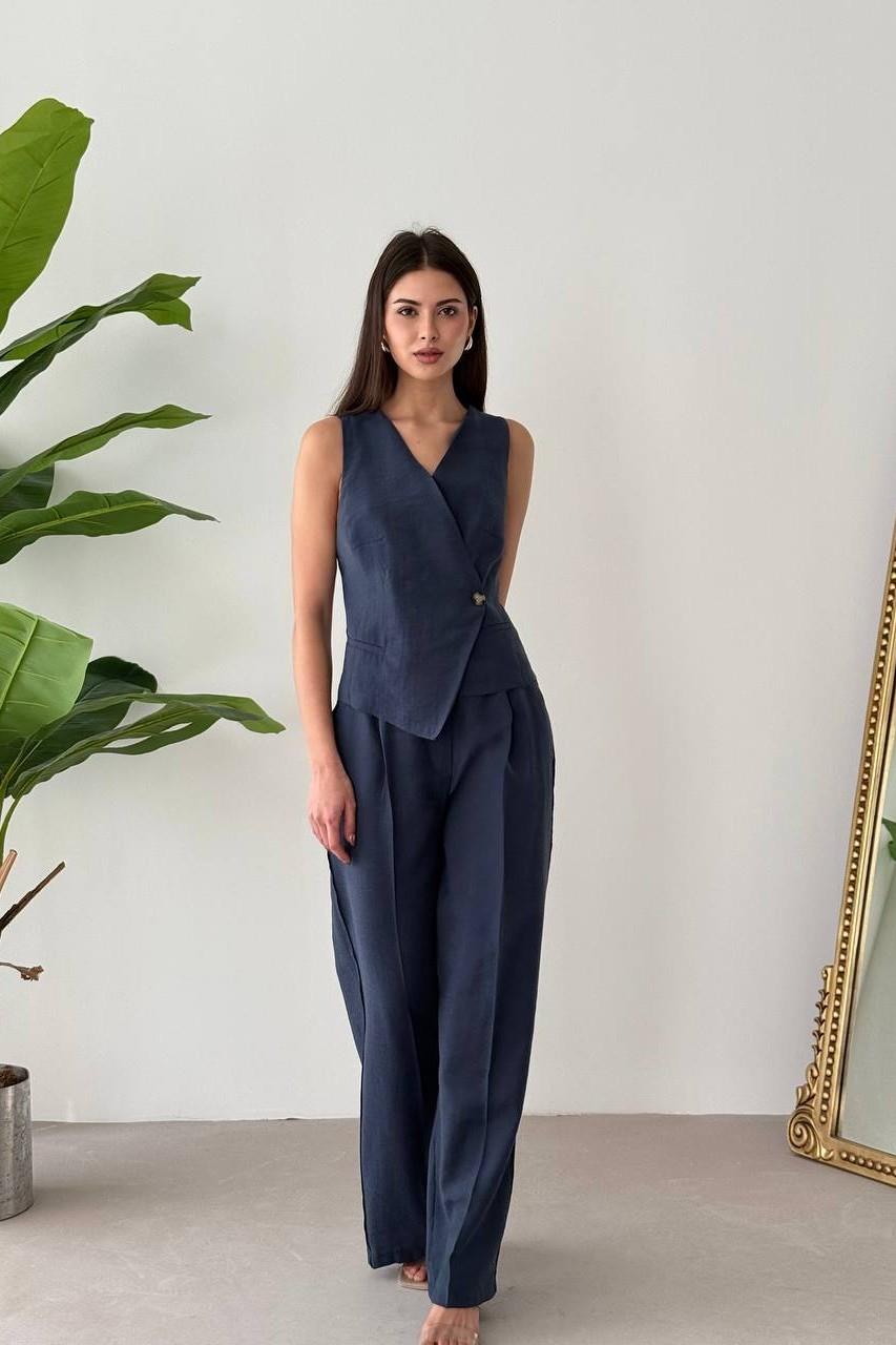 Bağcıklı Sırtı Açık Keten Yelek Pantolon Takım HYL9194