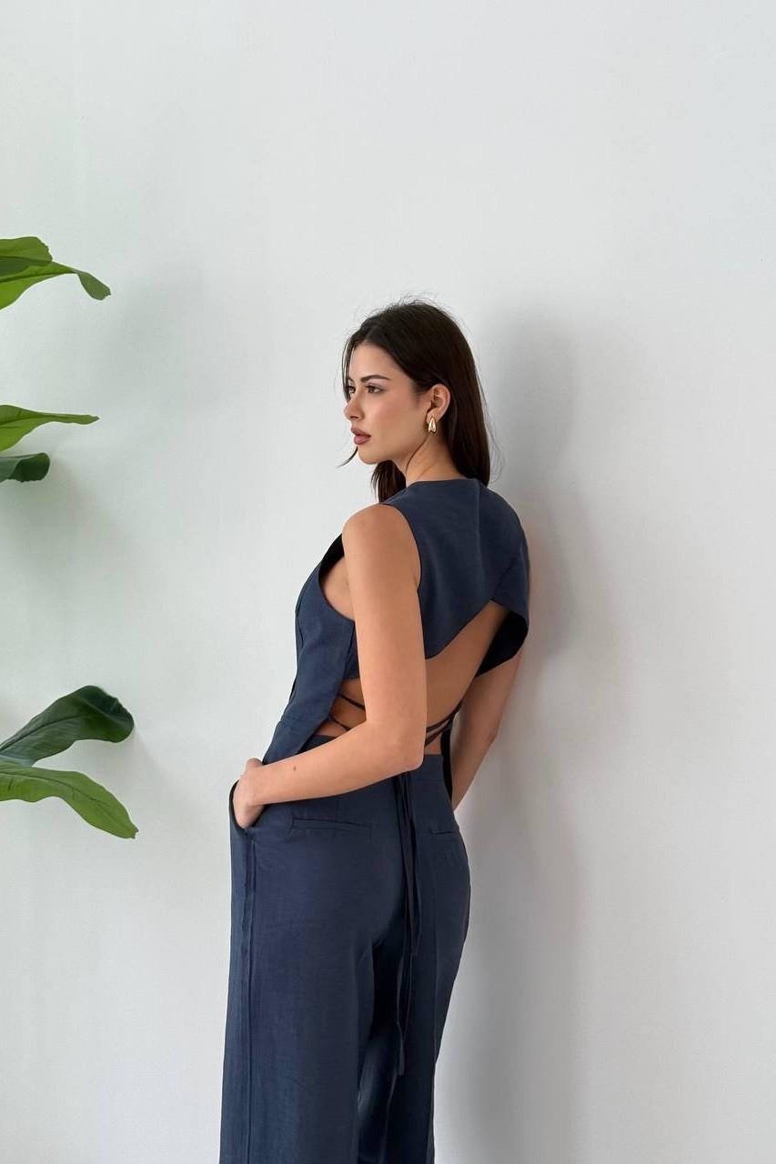 Bağcıklı Sırtı Açık Keten Yelek Pantolon Takım HYL9194