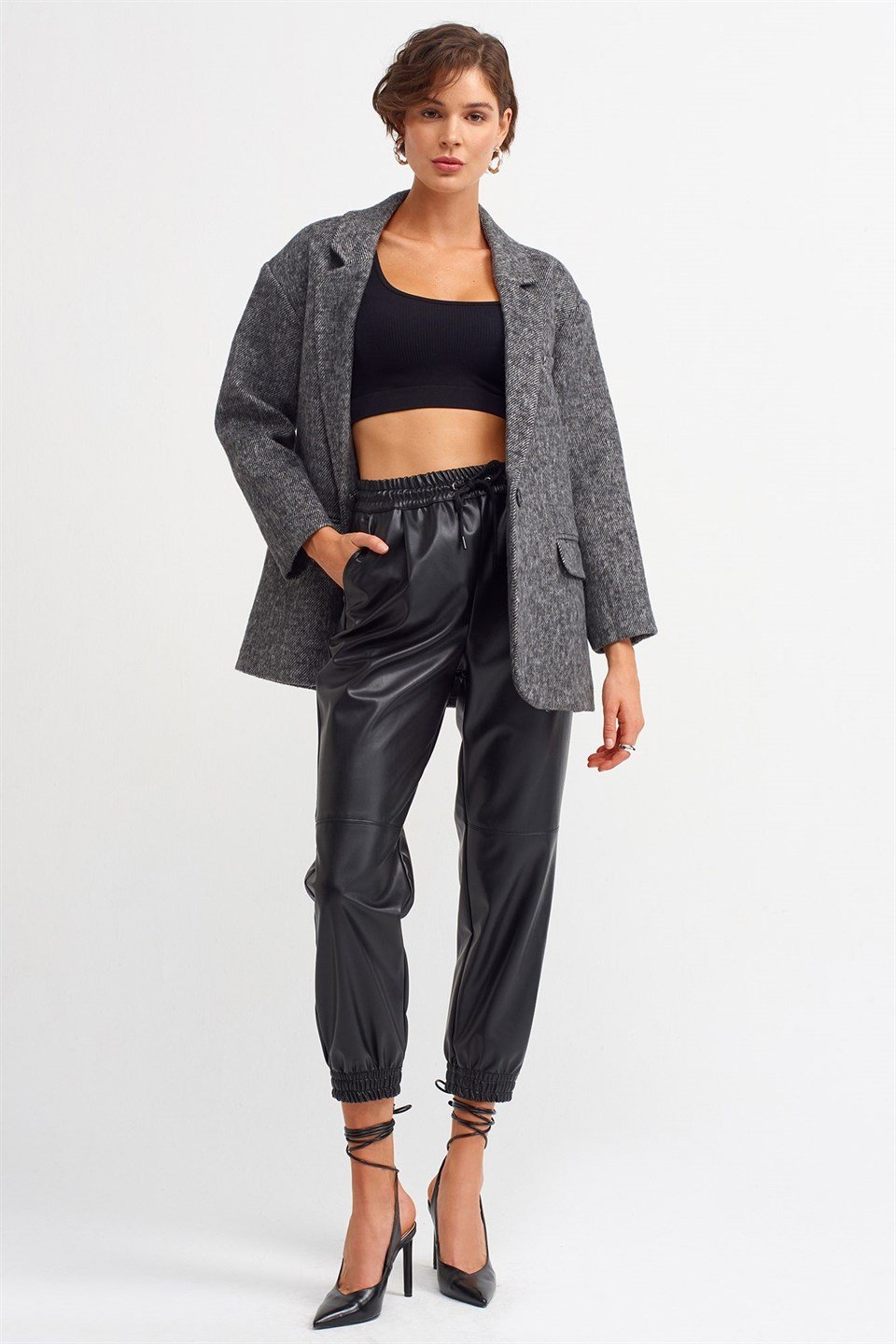 Beli Lastikli Suni Deri Jogger Pantolon DL7747