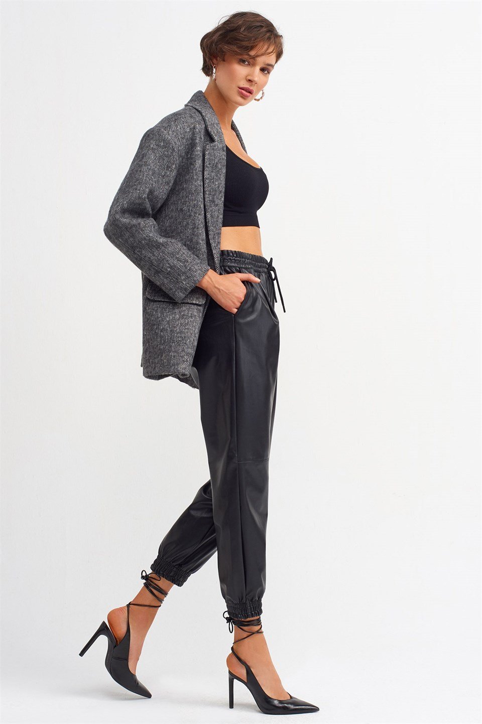 Beli Lastikli Suni Deri Jogger Pantolon DL7747