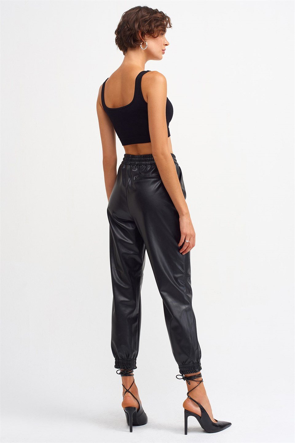 Beli Lastikli Suni Deri Jogger Pantolon DL7747