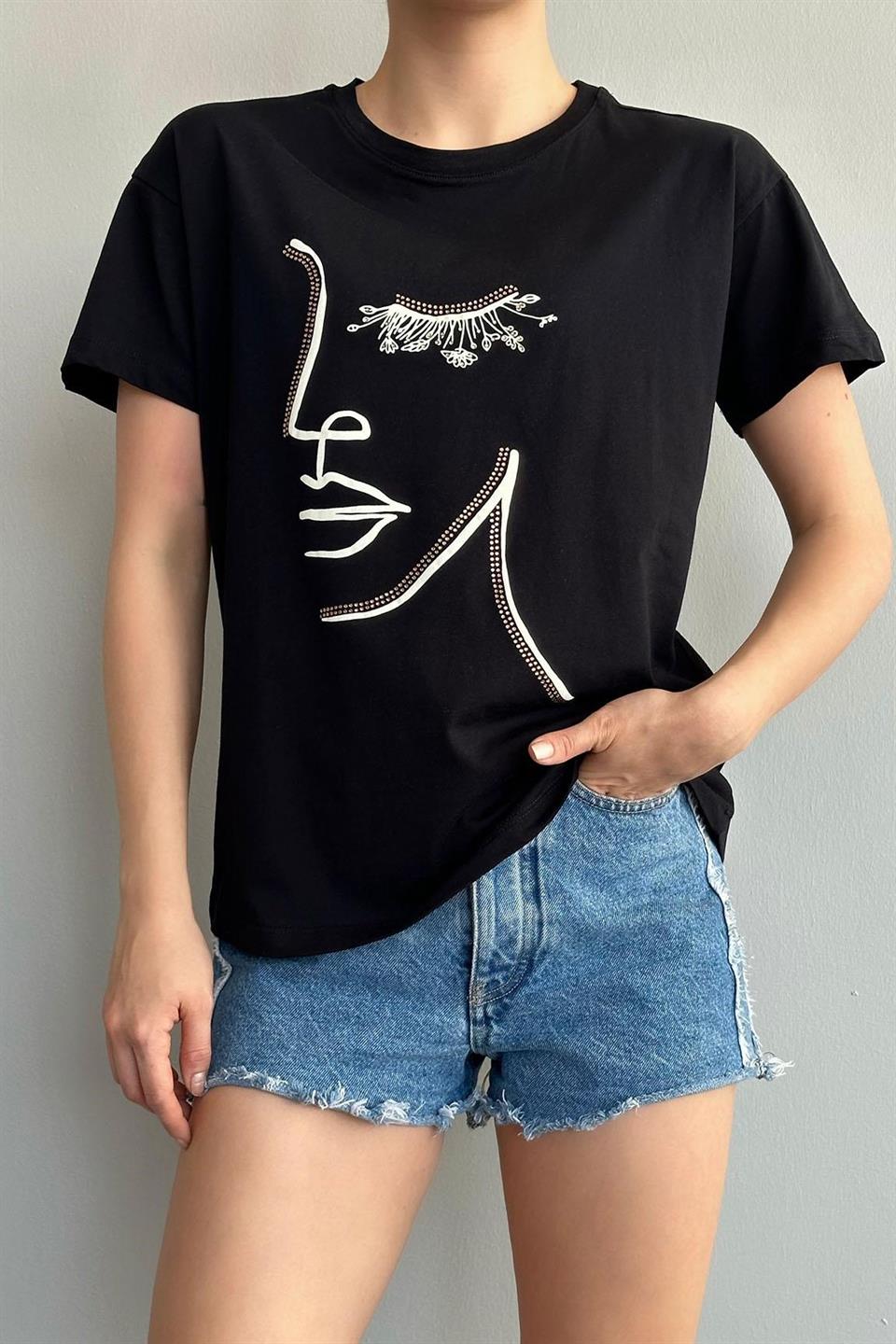 Bisiklet Yaka Baskılı Pullu T-shirt QS310066