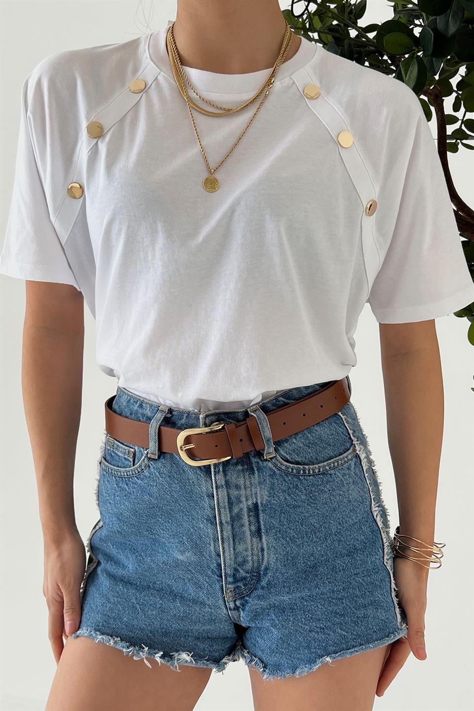 Bisiklet Yaka Düğme Detaylı T-shirt QS210163