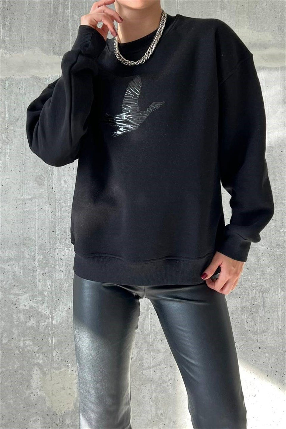 Bisiklet Yaka Önü Baskılı Sweatshirt QS220036