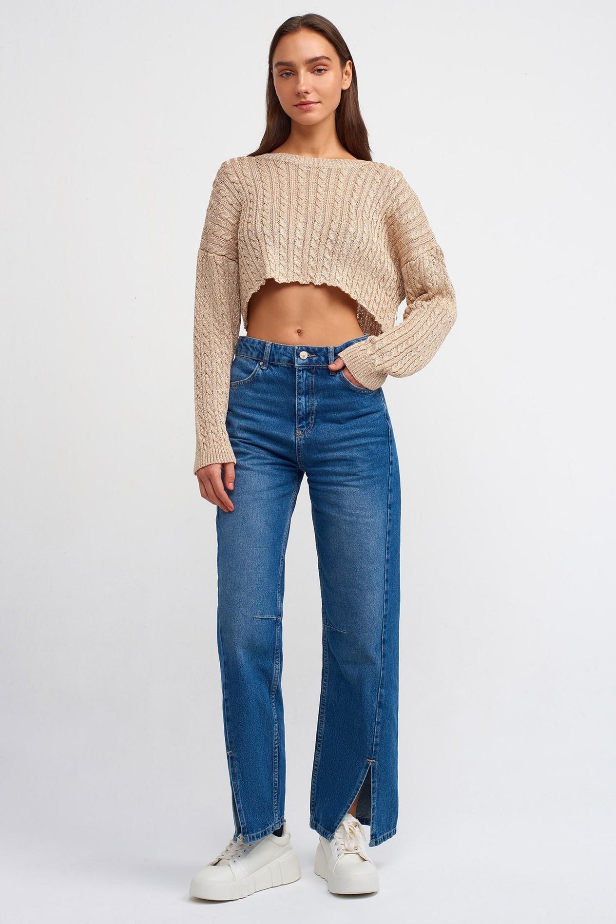 Bisiklet Yaka Saç Örgülü Crop Kazak DL10440
