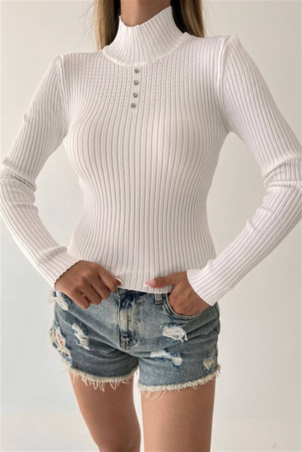 Dik yaka Taş detaylı Triko Body 210004