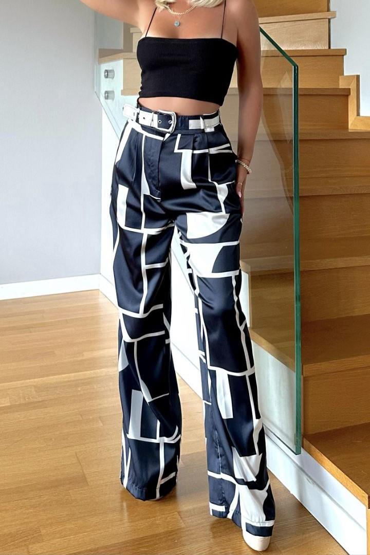Kendinden Desenli Saten Bol Paça Pantolon MM2003