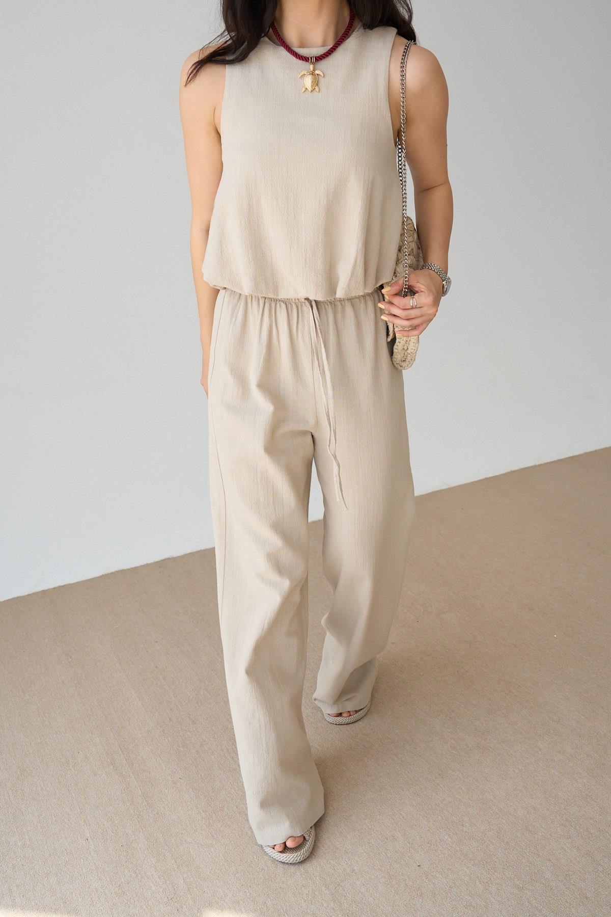 Keten Sıfır Kol Crop Pantolon Takım QS251003