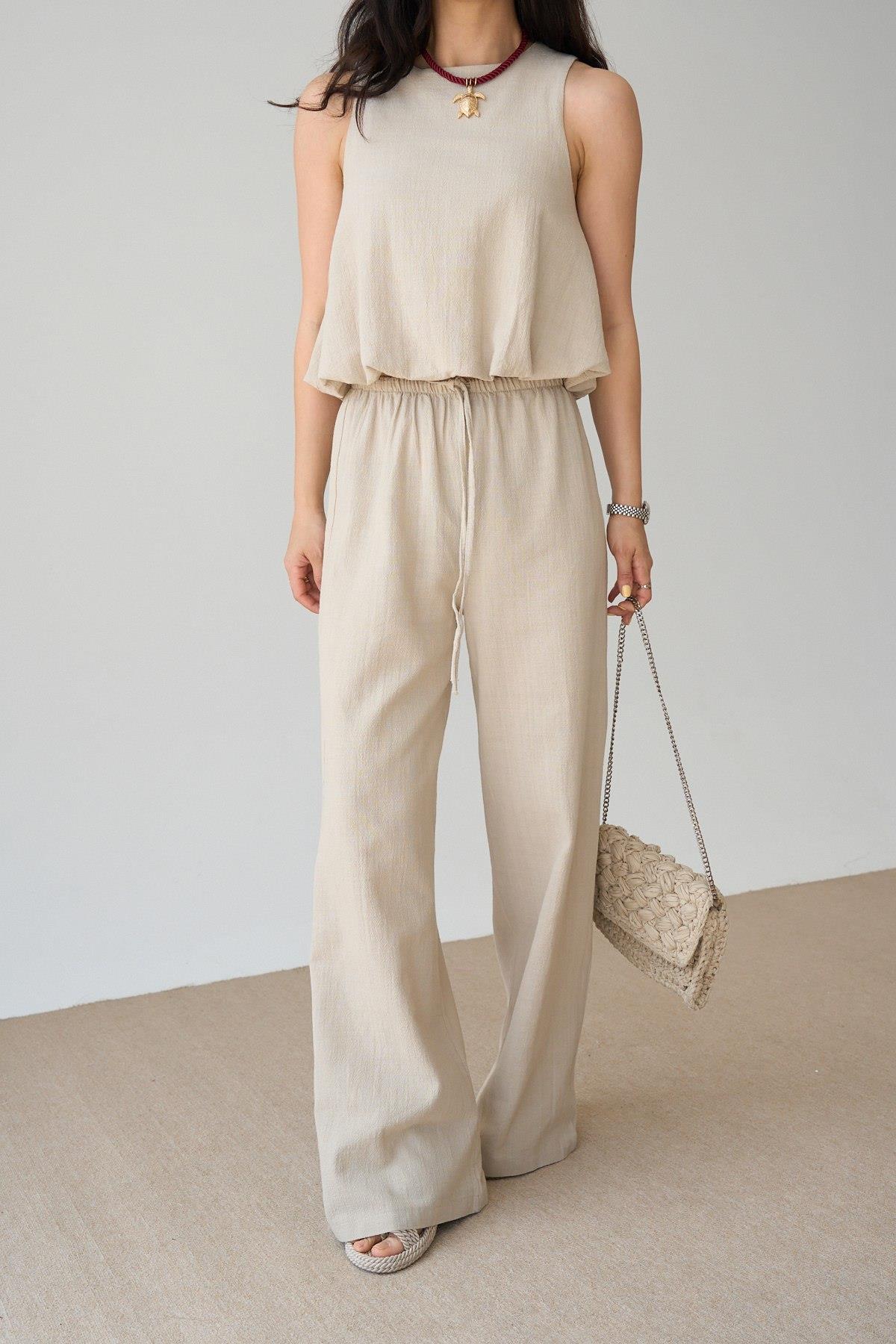 Keten Sıfır Kol Crop Pantolon Takım QS251003