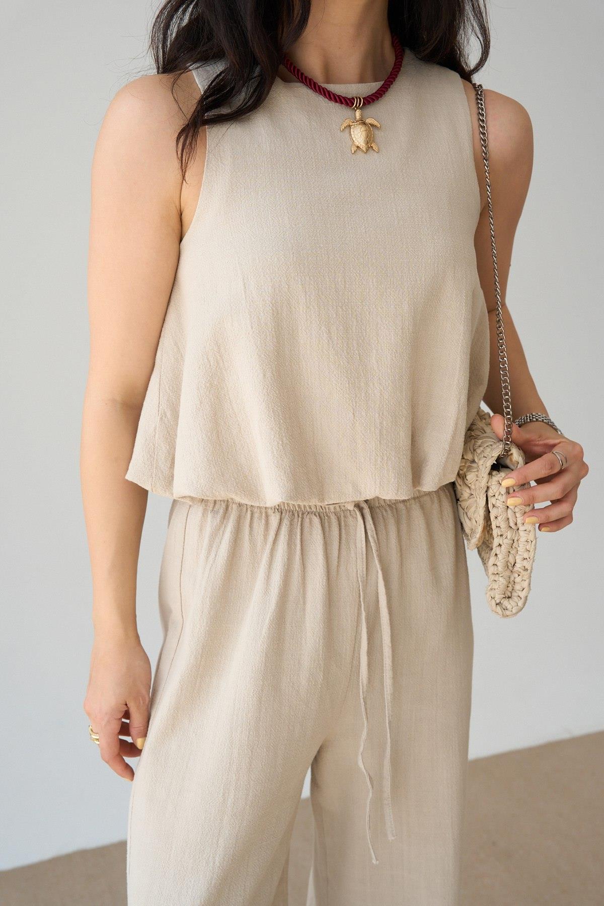 Keten Sıfır Kol Crop Pantolon Takım QS251003