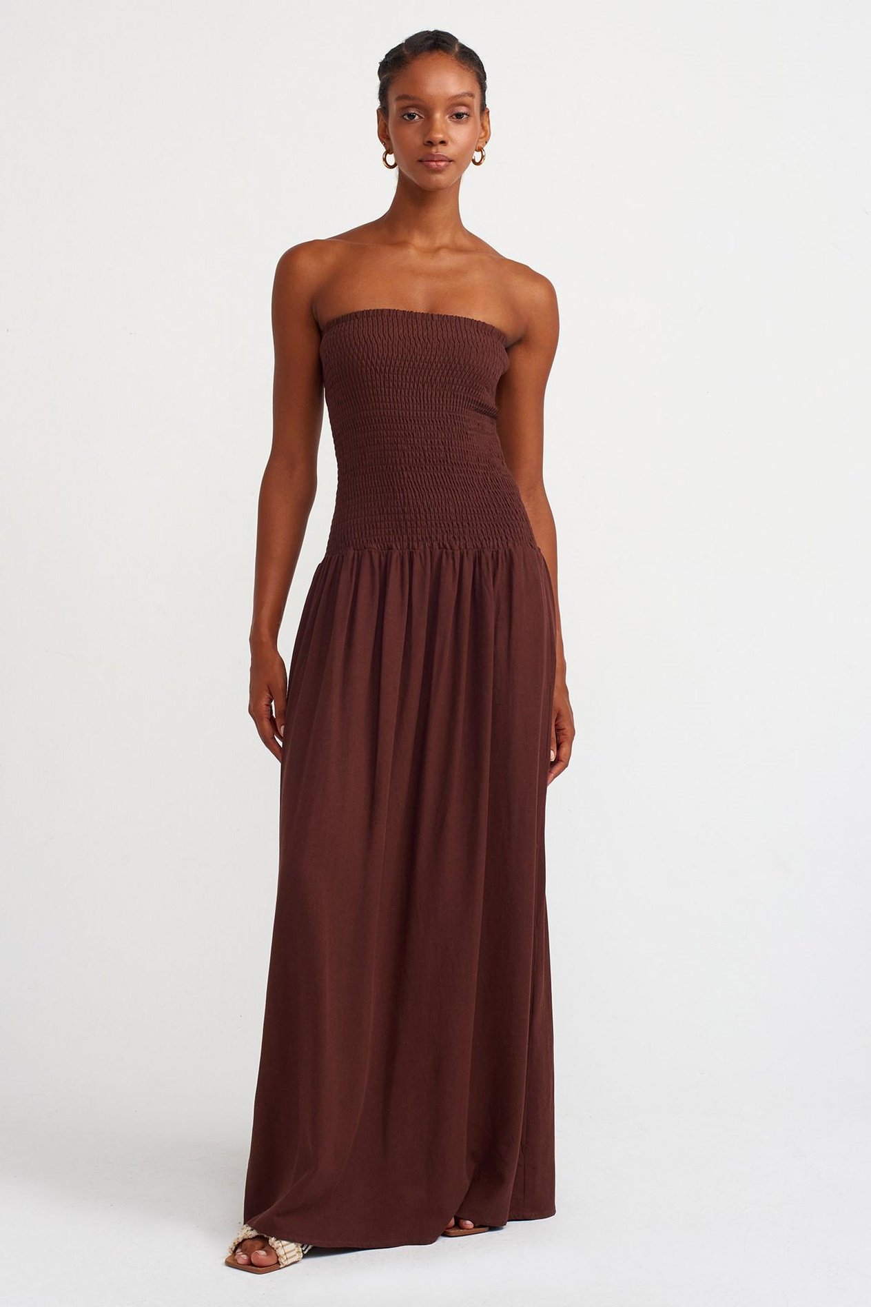 Straplez Maxi Keten Elbise DL91204
