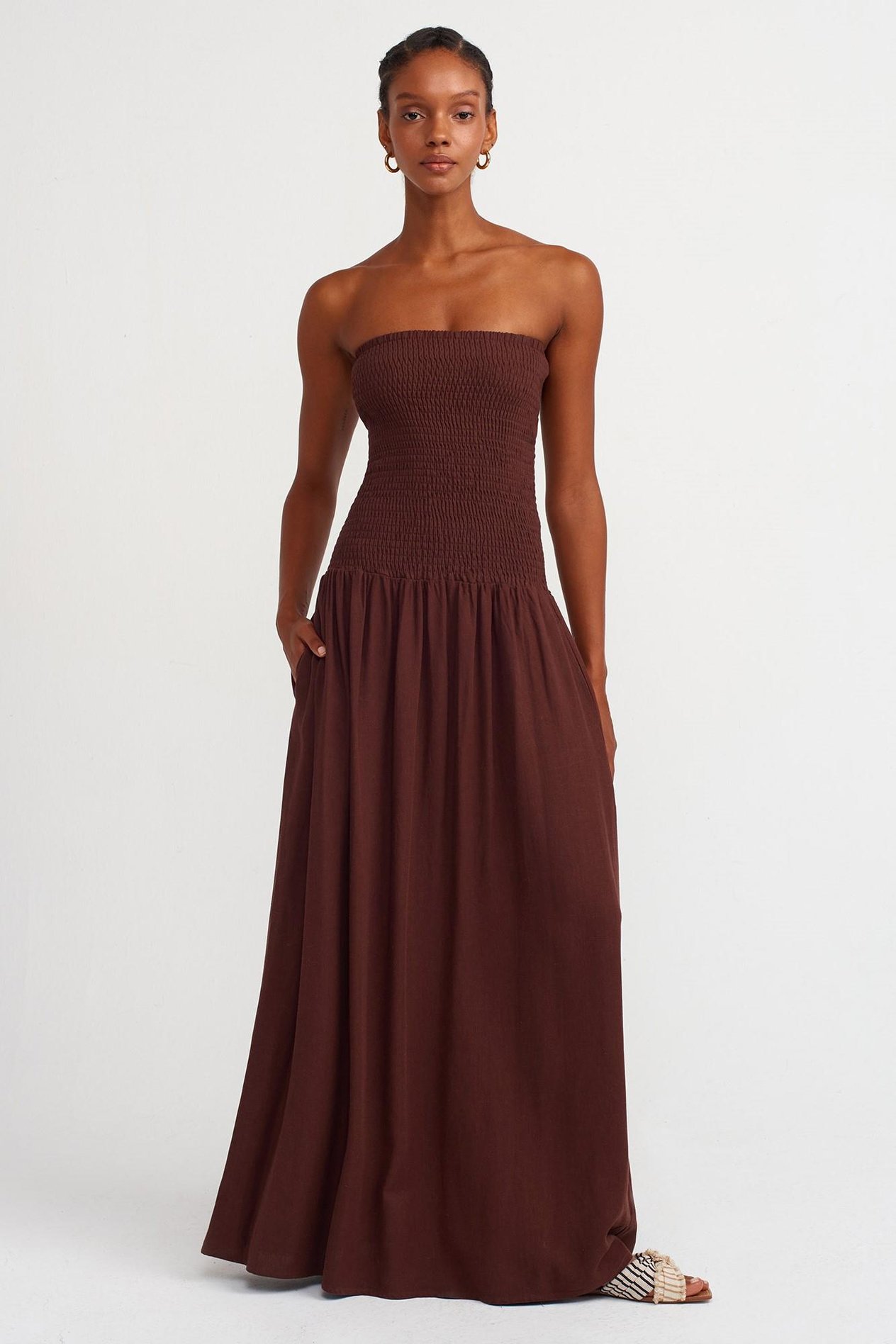 Straplez Maxi Keten Elbise DL91204