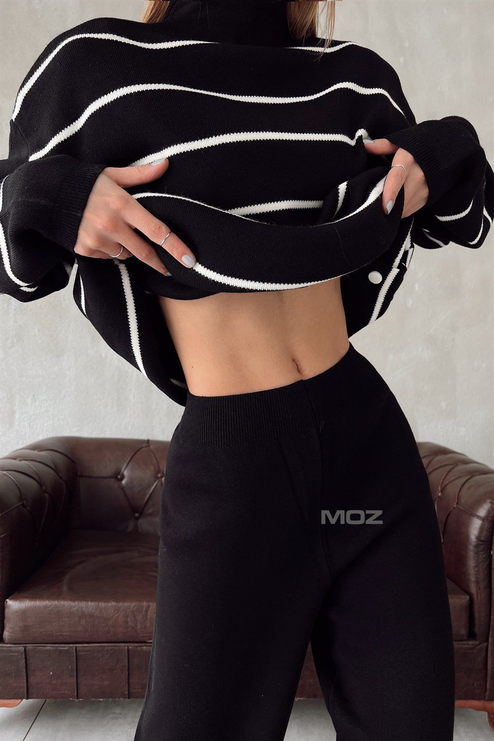 Yarım Balıkçı Çizgili Kazak Triko Pantolon Takım QS240026