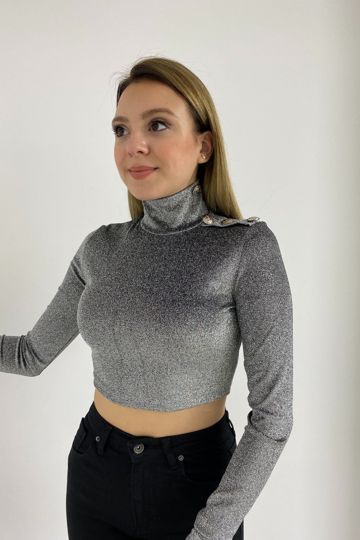 Simli Kumaş Balıkçı Yaka Crop