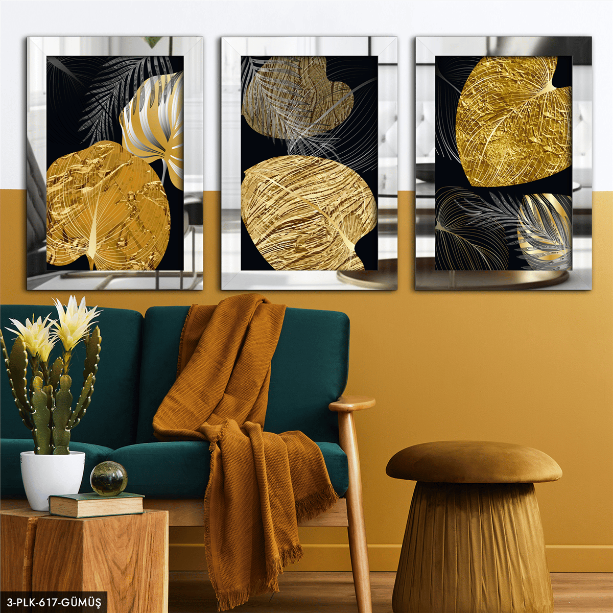 Gold Yapraklar 3 Parça Gümüş Pleksi Aynalı Tablo