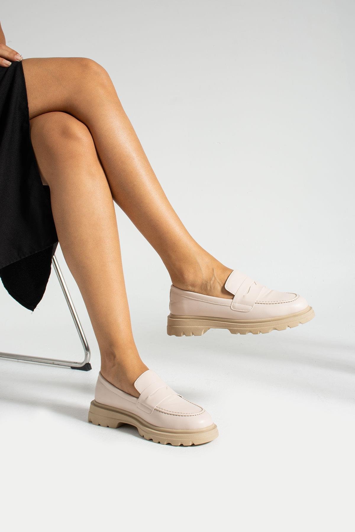 Allyup Krem Sade Kadin Loafer Ayakkabi