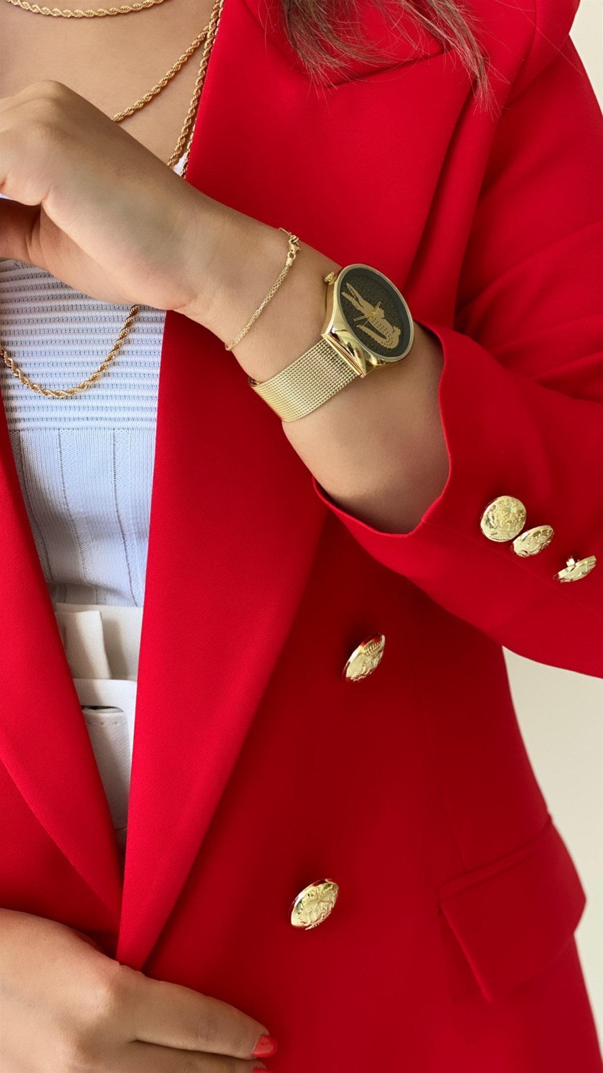 Gold Düğmeli Blazer Ceket Kırmızı