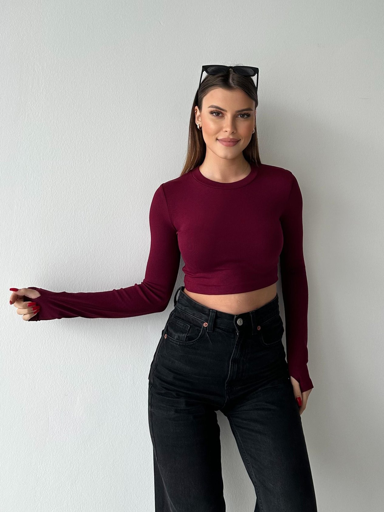 Dikişisiz Fitilli Uzun Kollu Crop Bordo Bluz