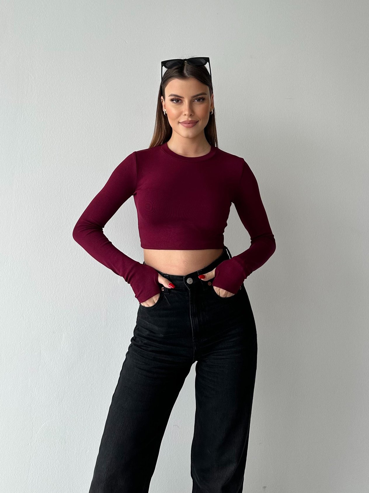 Dikişisiz Fitilli Uzun Kollu Crop Bordo Bluz