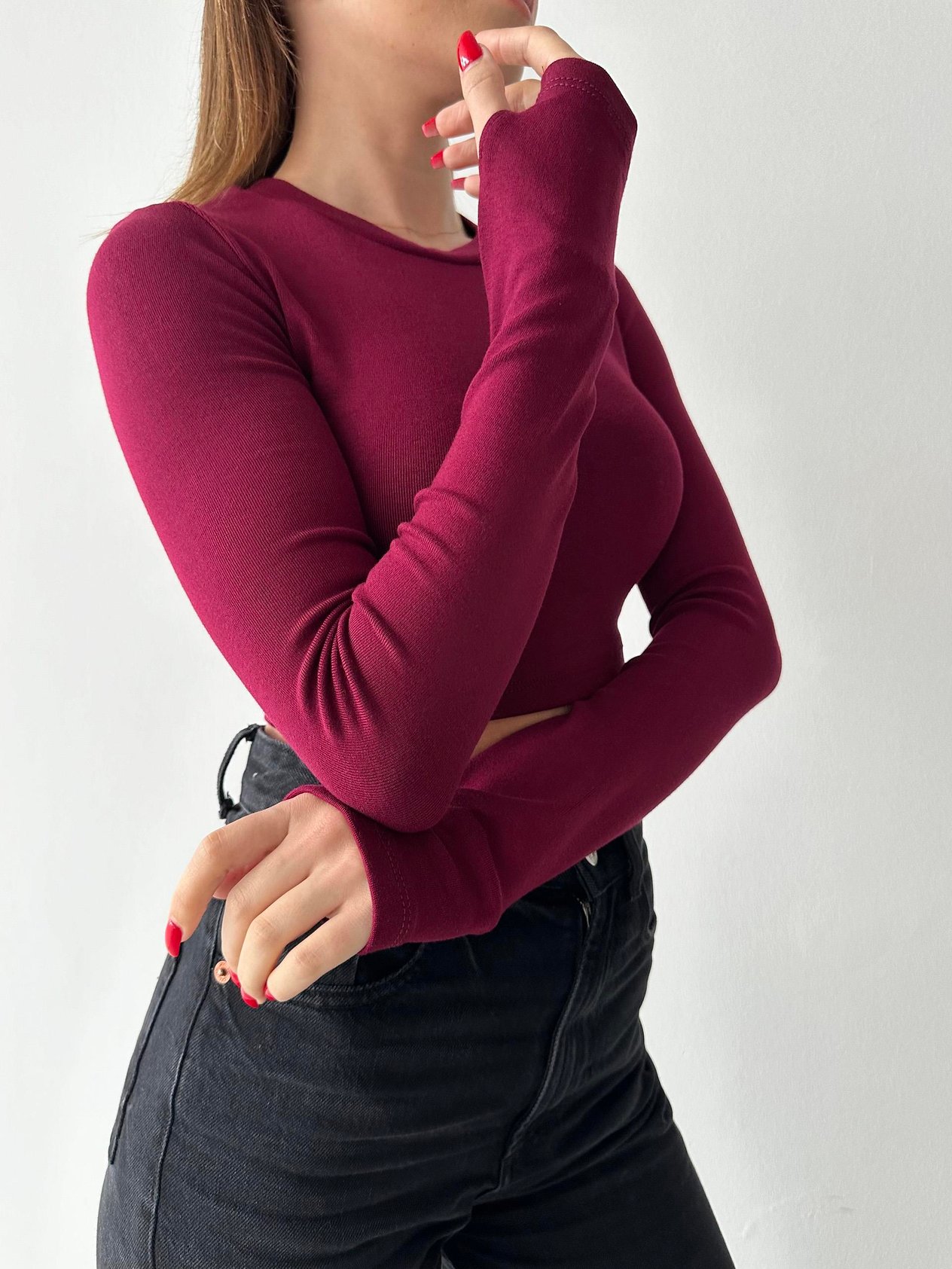 Dikişisiz Fitilli Uzun Kollu Crop Bordo Bluz