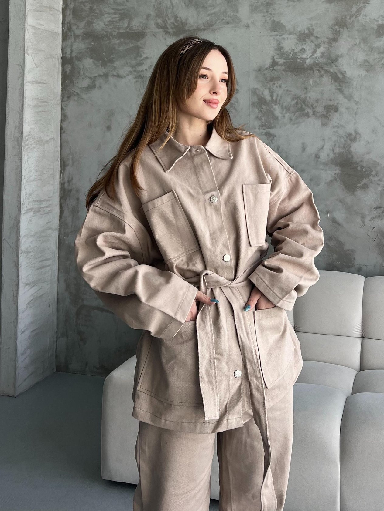 Gabardin Kemerli Bej İkili Takım