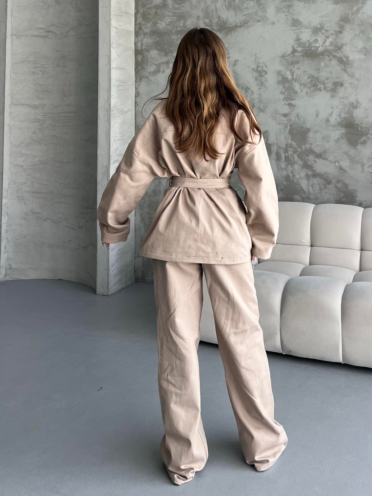 Gabardin Kemerli Bej İkili Takım