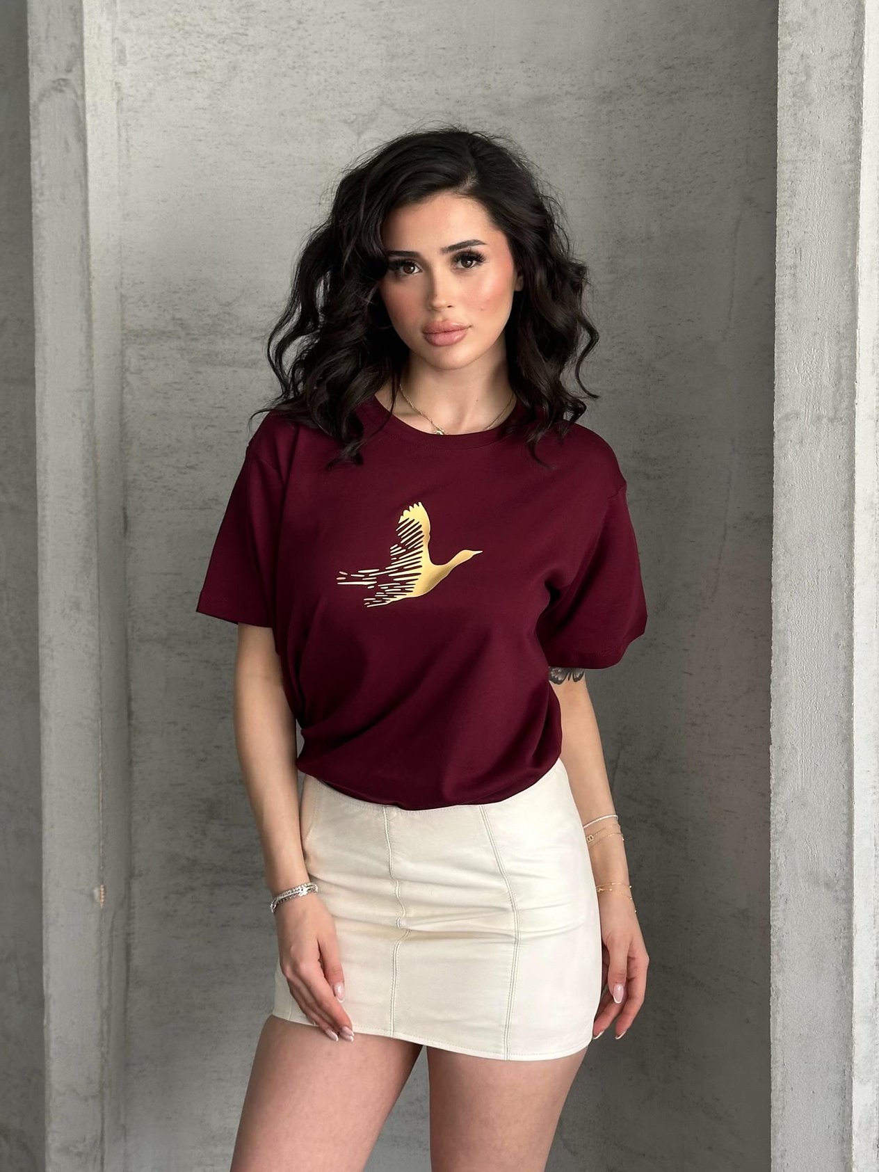 Gold Varak Kuşlu Bordo Tişört