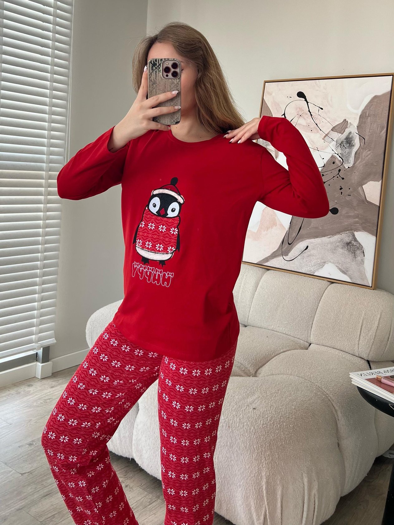 Penguen Nakışlı Kırmızı Peluş Pijama Takımı