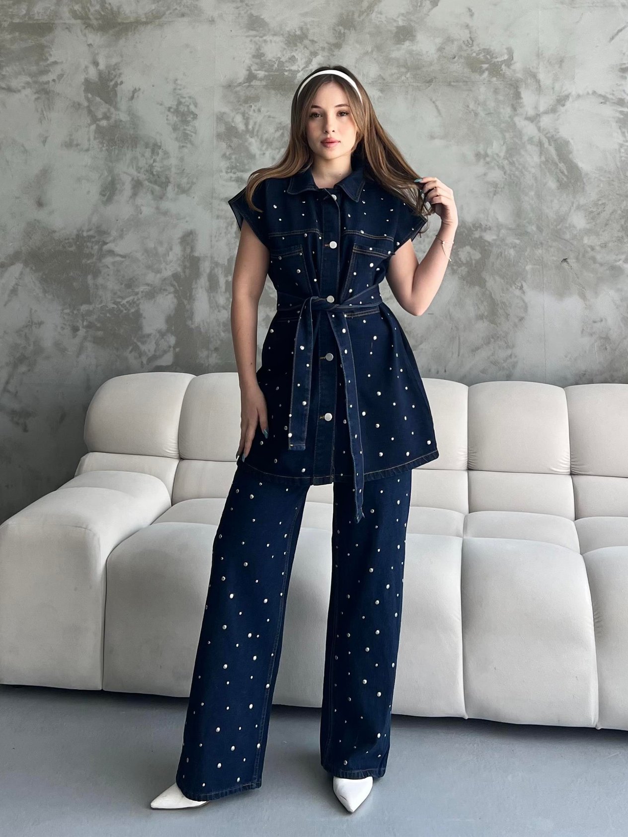 Taşlı Denim İkili Takım